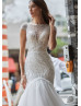 Beaded White Lace Tulle Deep V Back Luxury Wedding Dress